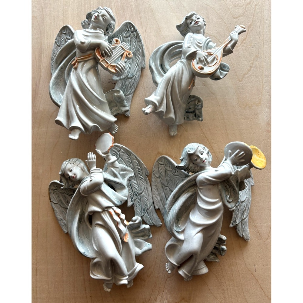 Angel Wall Hangers LOT of 4 Shiny Silver Gray Resin Italy Lute Cymbals Tamborine